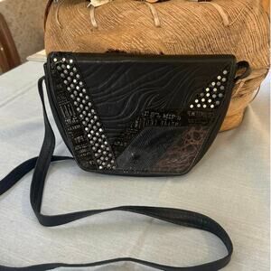 80’s Blk Tooled Leather Studded Shoulder Purse Faux Snake Croc Design